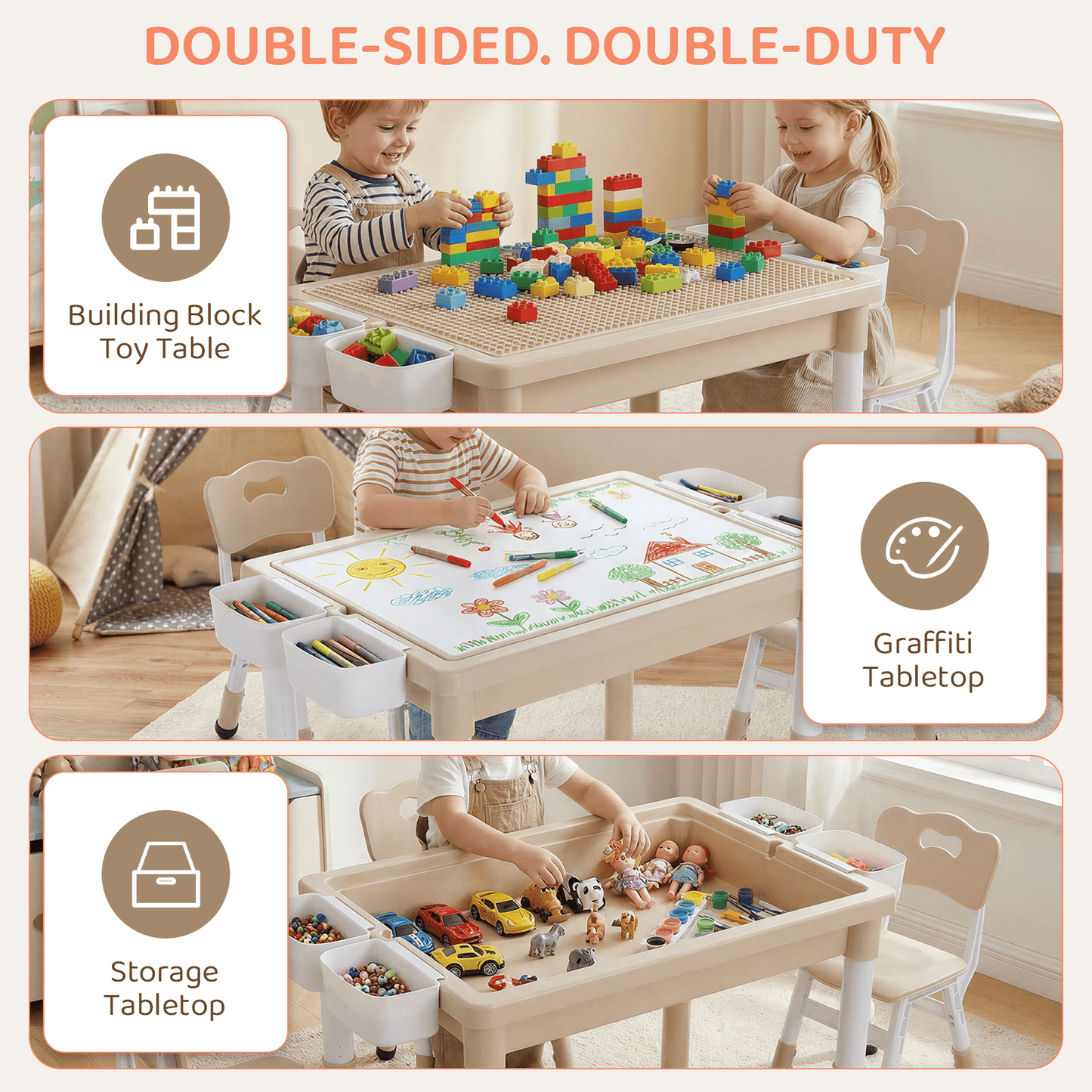 LAZY BUDDY Kids Table and Chairs Set with Storage Boxes, Height Adjustable Toddler Activity Table and 2 Chairs Set with Graffiti & Building Blocks Double-Sided Tabletop