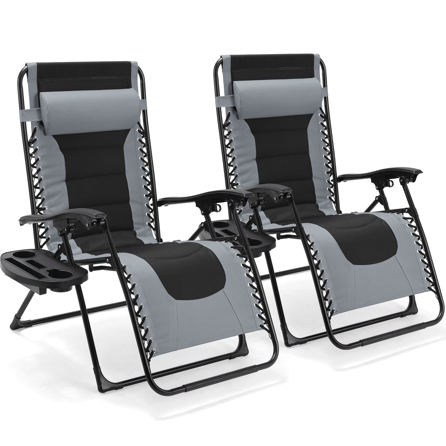 LAZY BUDDY Oversized Padded Zero Gravity Lounge Chairs Set, 2pcs Folding Patio Recliner with Adjustable Headrest & Tray