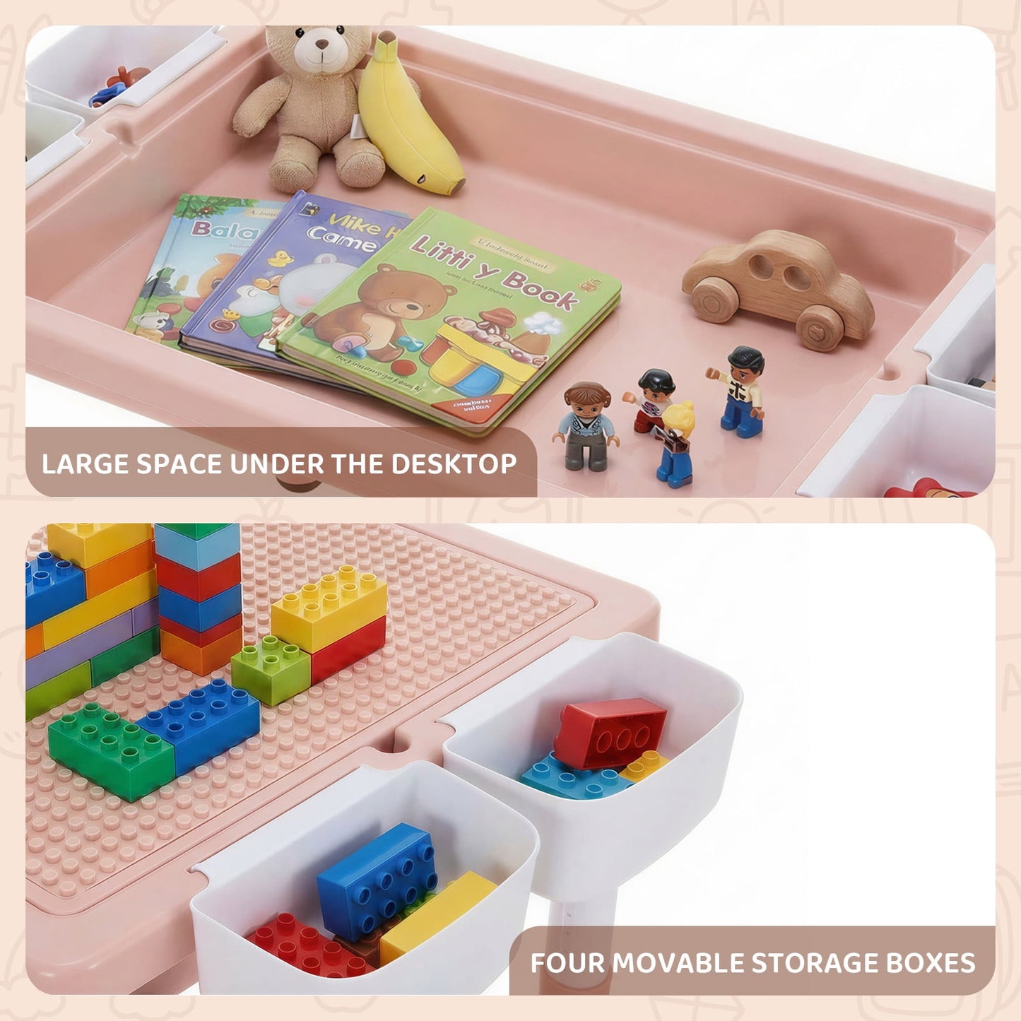 LAZY BUDDY Kids Table and Chairs Set with Storage Boxes, Height Adjustable Toddler Activity Table and 2 Chairs Set with Graffiti & Building Blocks Double-Sided Tabletop