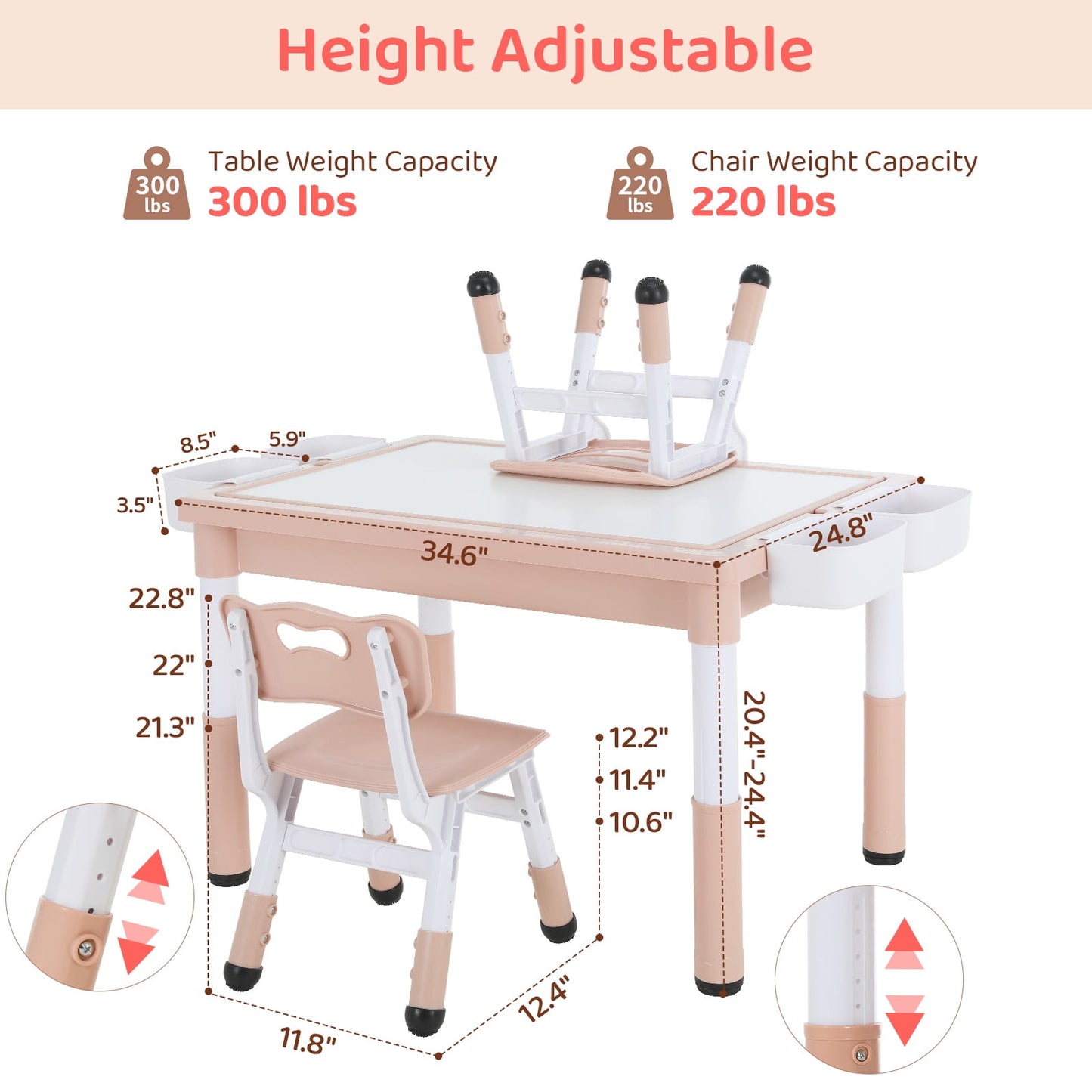 LAZY BUDDY Kids Table and Chairs Set with Storage Boxes, Height Adjustable Toddler Activity Table and 2 Chairs Set with Graffiti & Building Blocks Double-Sided Tabletop