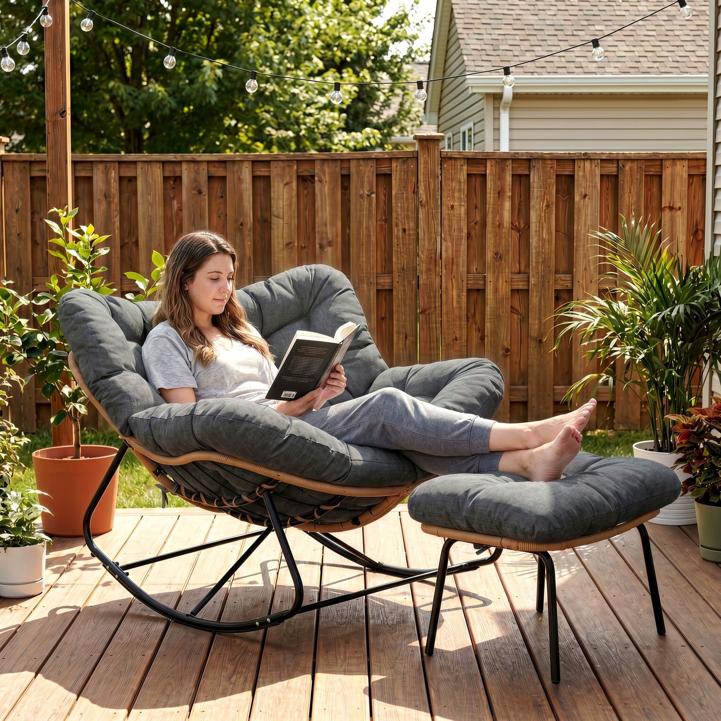 LAZY BUDDY Outdoor Rocking Chair with Ottoman, Oversized Papasan Rocking Chair with Thick Cushion, Indoor Outdoor Cozy Rocker for Balcony, Living Room, Patio