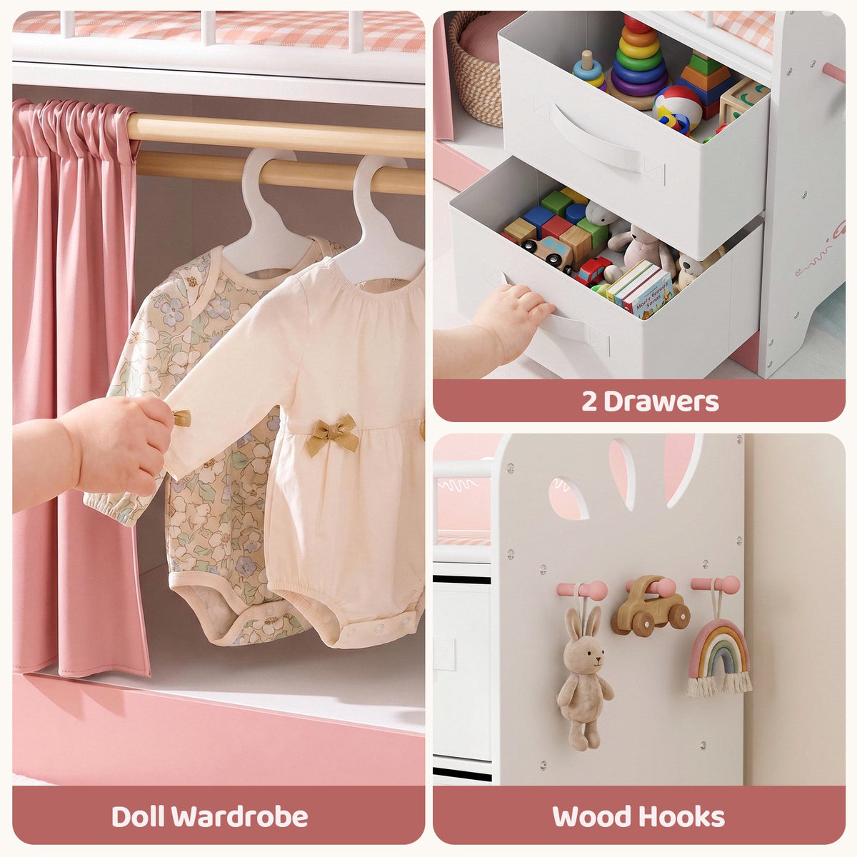 LAZY BUDDY Baby Doll Cirb, Wooden Doll Bed with 2 Storage Drawers, 2 Hangers, Pillow & Sheet