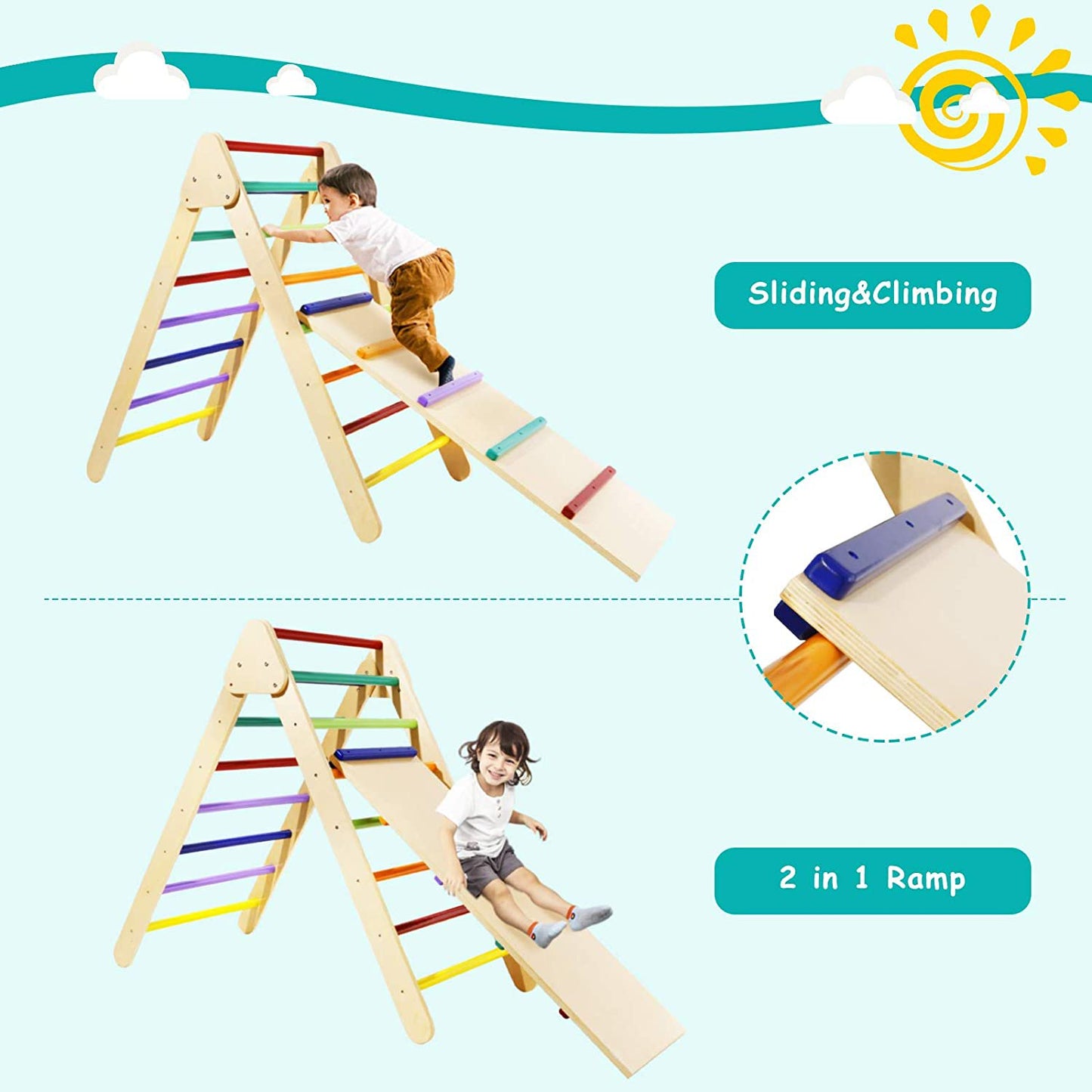 LAZY BUDDY Foldable Climbing Triangle with Ramp, Wooden Climber Ladder Indoor Outdoor Sliding Climbing Toy for Kids 2-7 Years