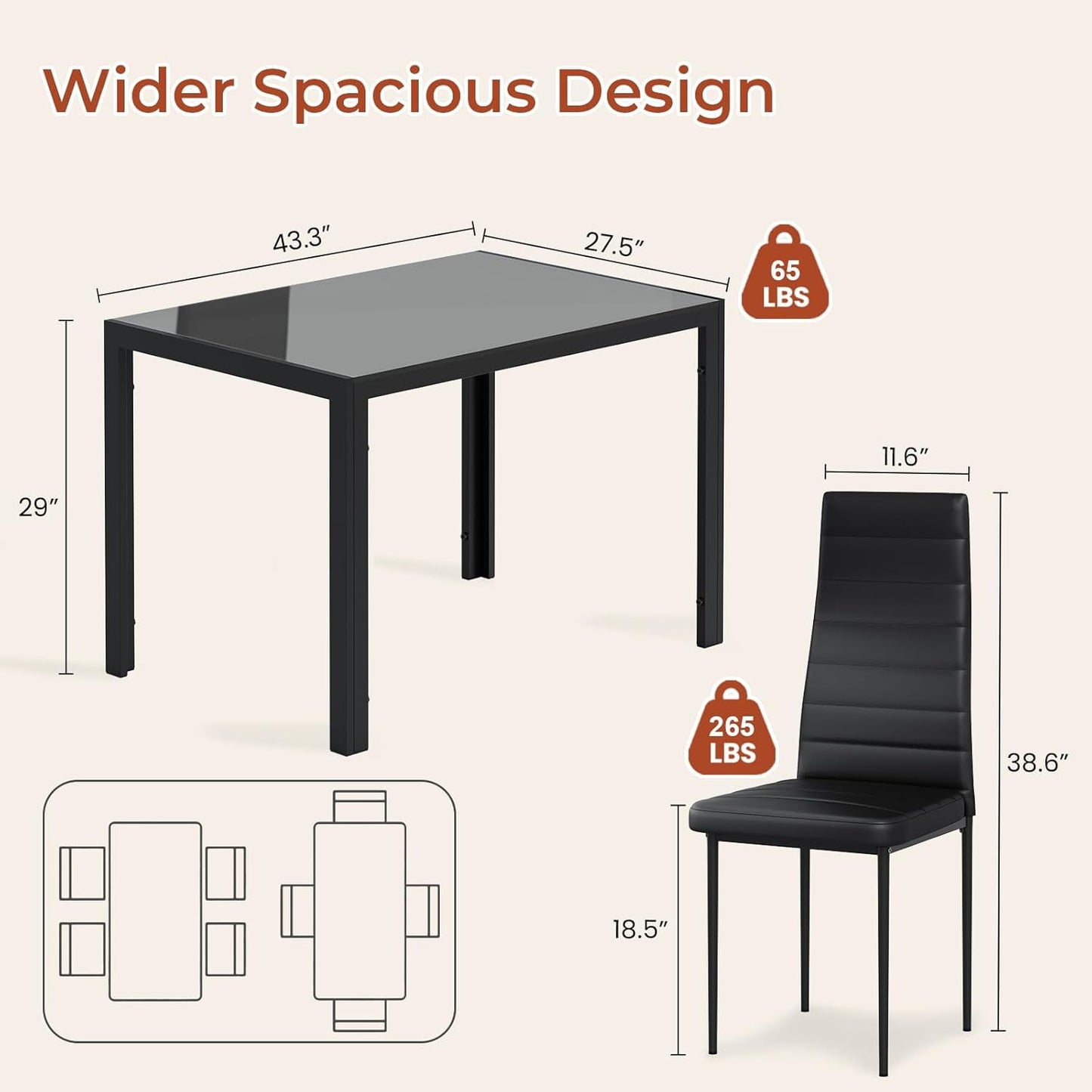 LAZY BUDDY 5-Piece Kitchen Dining Table Set, Modern Table and 4 Faux Leather Chairs with Tempered Glass Tabletop for Dining Room