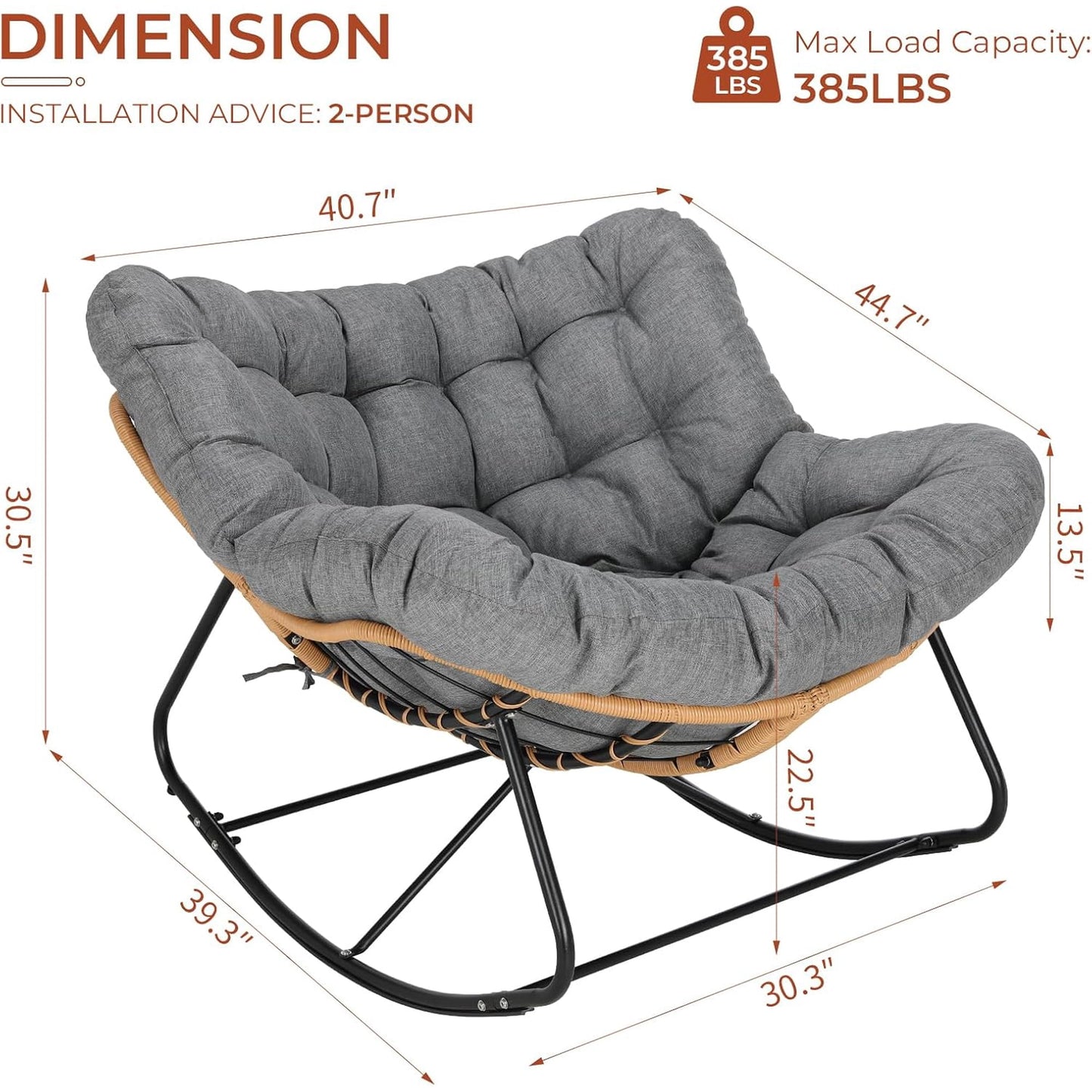 LAZY BUDDY Outdoor Papasan Rocking Chair, Oversized Lounge Chair Rocker with Thick Cushion, for Patio, Balcony, Porch and Indoor