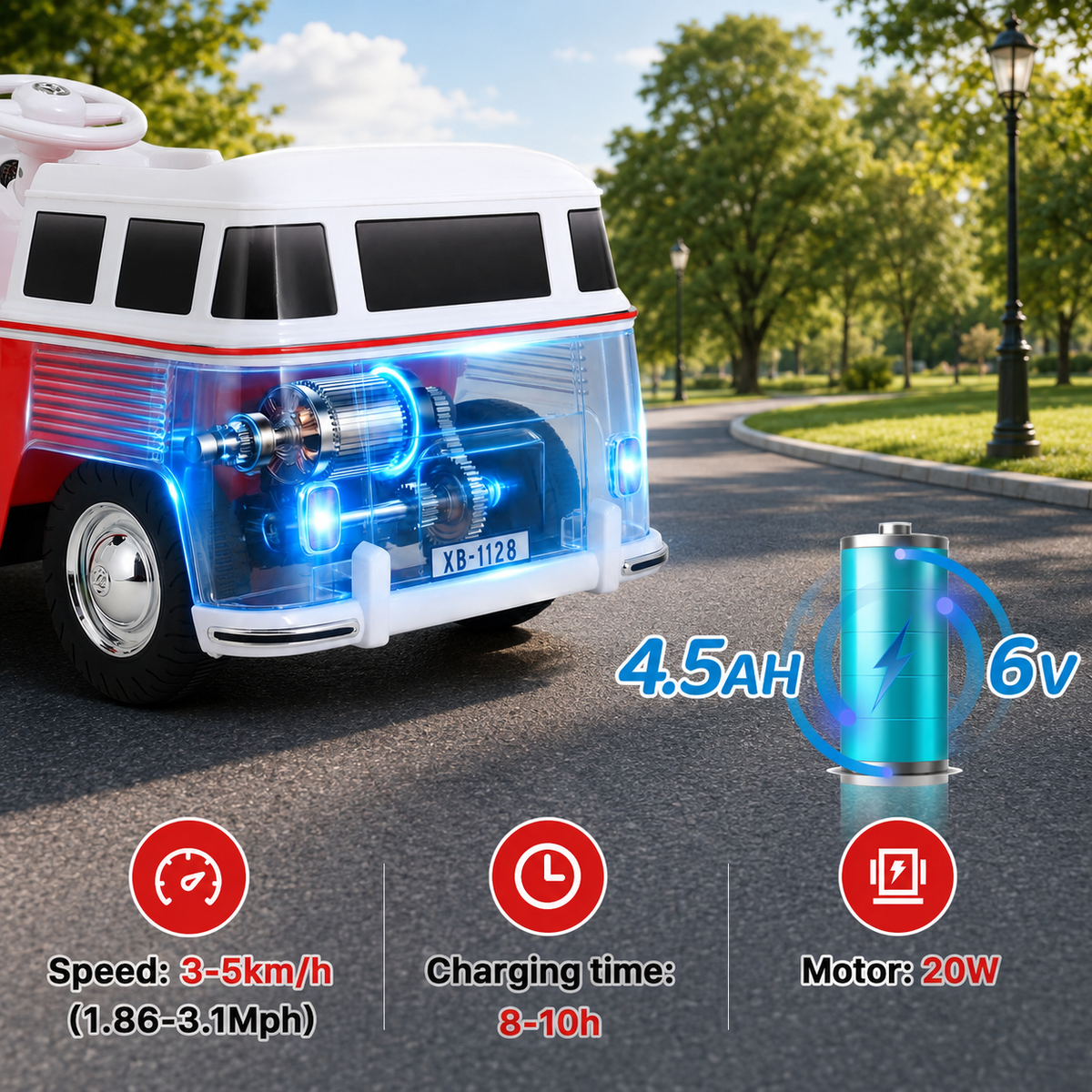 LAZY BUDDY 6V Licensed Volkswagen Electric Ride-on Car for Toddlers, Kids Ride-on Bus with Headlights, Battery Powered Ride on Toy