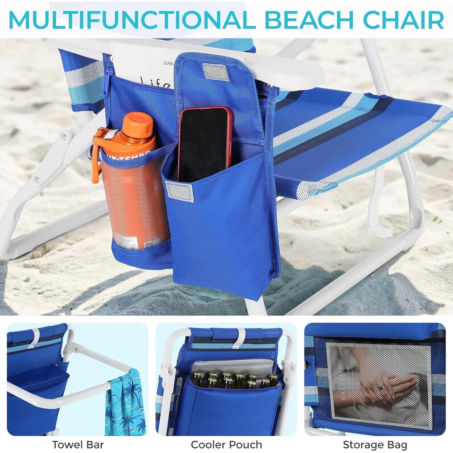 LAZY BUDDY  Low Beach Chair, Backpack Beach Chair for Adults with 5-Position, Lightweight Folding Beach Camping Chairs with Cup Holder, Storage Bag