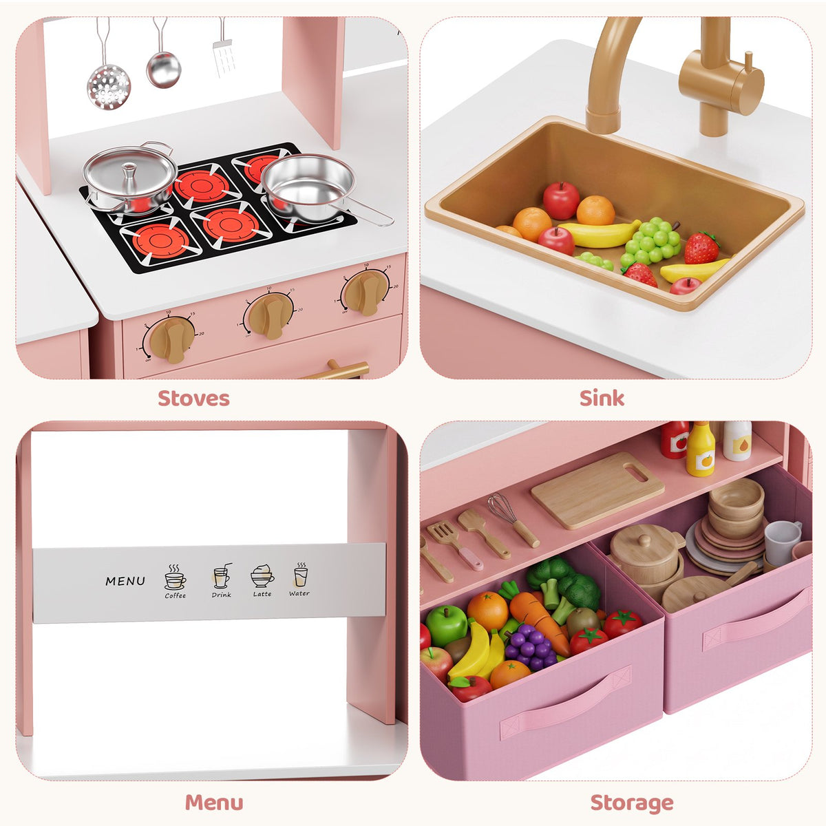 LAZY BUDDY Wooden Pretend Play Kitchen for Kids, 3-Piece Modular Kitchen Playset Toddler Interactive Toy Gift
