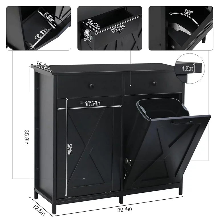 LAZY BUDDY Double Tilt Out Trash Cabinet, Wood Garbage Recycling Station Hideaway Trash Holder Drawers (Black, 2 x 10 Gallon)