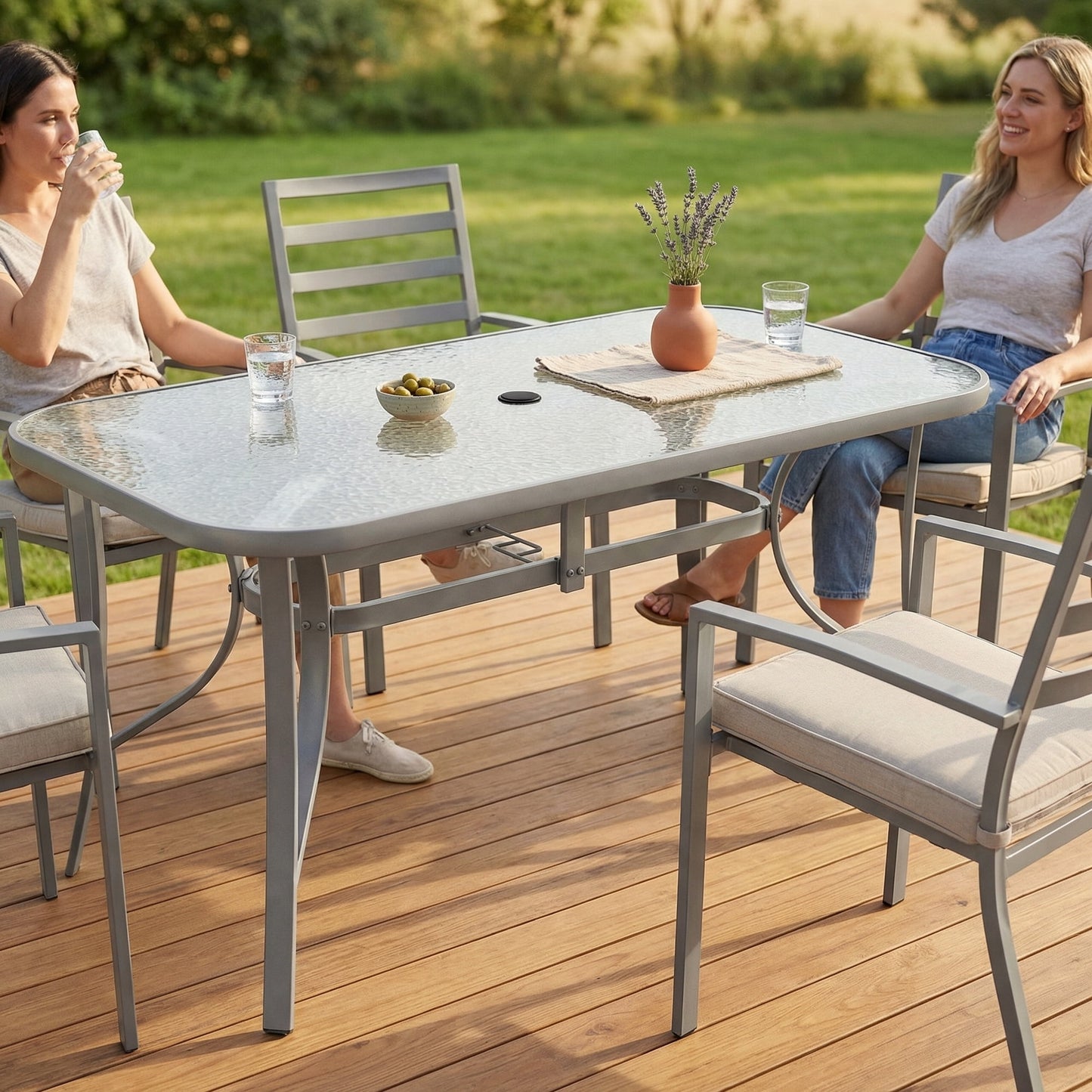 LAZY BUDDY Patio Table with 1.69'' Umbrella Hole, Rectangular Outdoor Dining Table with Tempered Glass Tabletop for 6, for Balcony Garden Deck