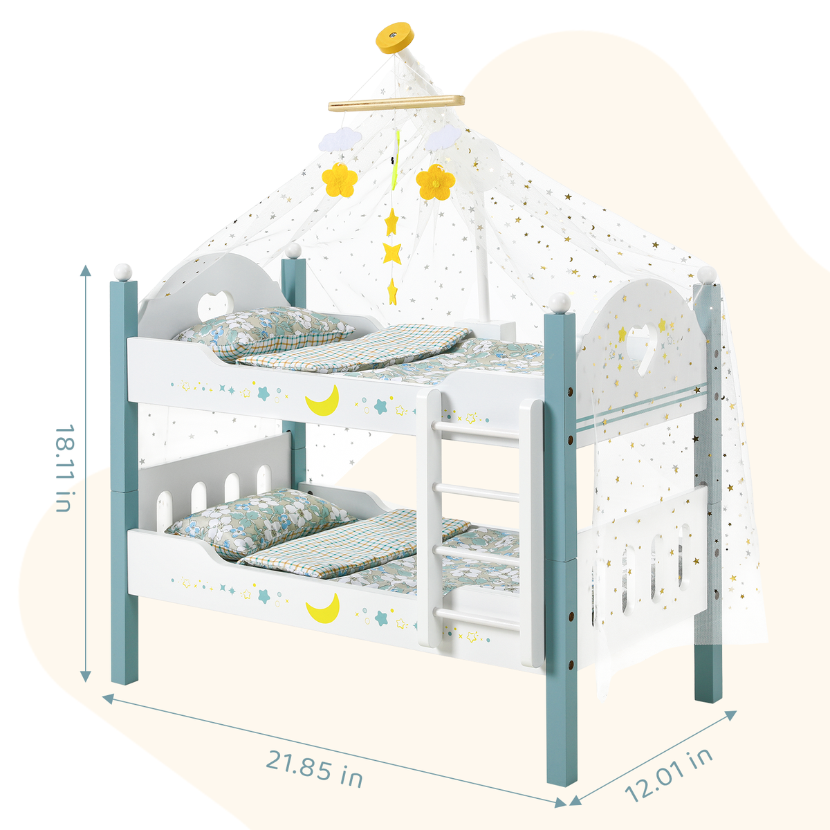 LAZY BUDDY Wooden Bunk Bed for Dolls up to 19in, Baby Dolls Crib with Bedding, Pretend Play Toy for Kids 3+