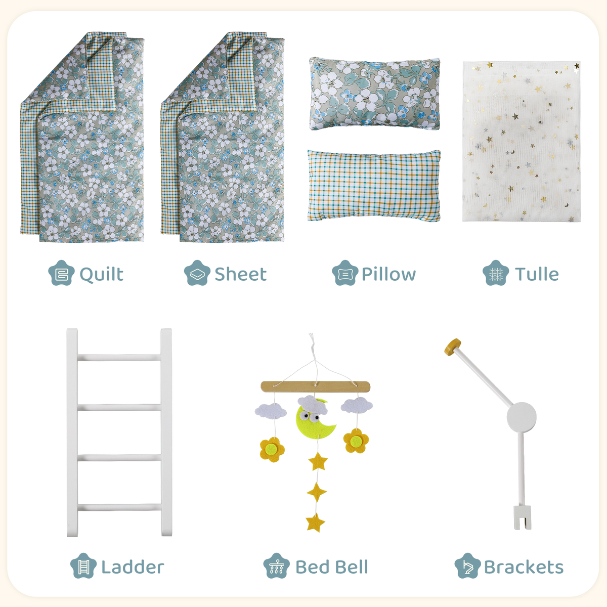 LAZY BUDDY Wooden Bunk Bed for Dolls up to 19in, Baby Dolls Crib with Bedding, Pretend Play Toy for Kids 3+