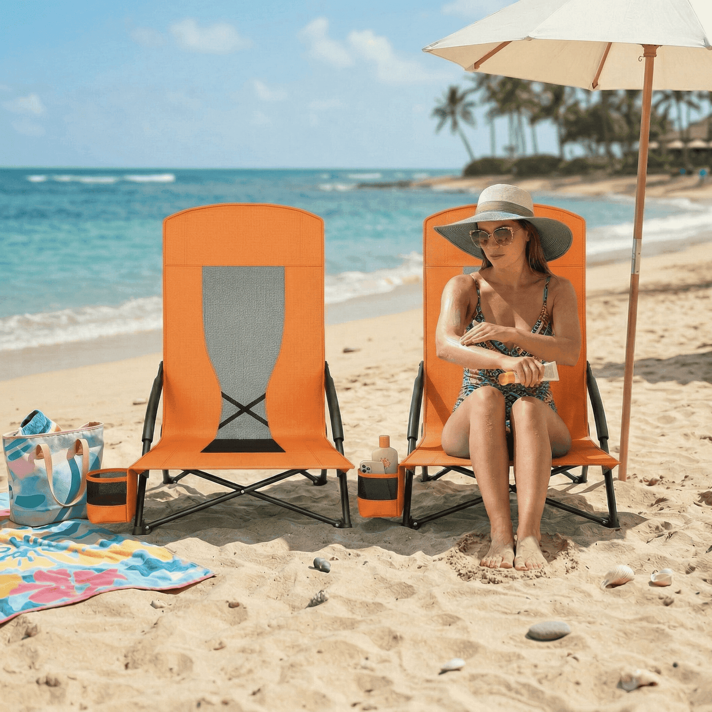 LAZY BUDDY High Back Beach Chair Set of 2, Portable Folding Low Seat Chair for Camping, Beach, Outdoor Concert, 350lbs