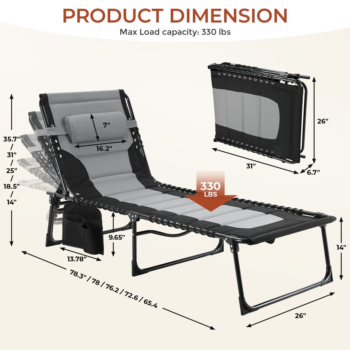 LAZY BUDDY Adjustable Padded Lounge Chair, Folding Chaise Lounger with Pillow & Side Pocket, Portable Reclining Chair with Carrying Handle for Outdoor Sunbathing, Patio, Beach, Poolside