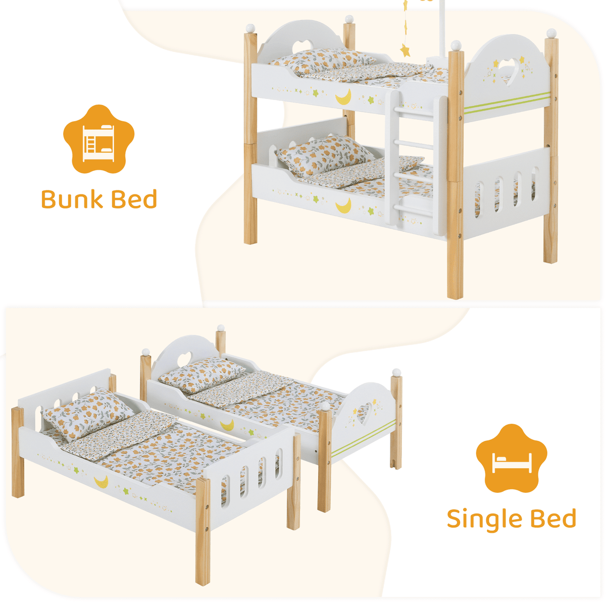 LAZY BUDDY Wooden Bunk Bed for Dolls up to 19in, Baby Dolls Crib with Bedding, Pretend Play Toy for Kids 3+