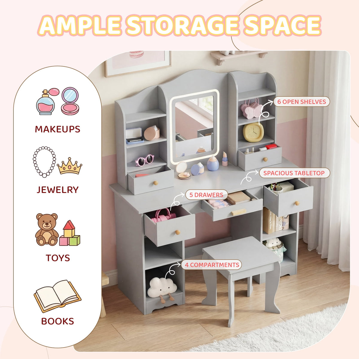LAZY BUDDY Wooden Kids Vanity Table with Lights, Mirror and Stool, 2 in 1 Toddler Pretend Play Dressing Table with Drawers & Open Shelves for Little Girls