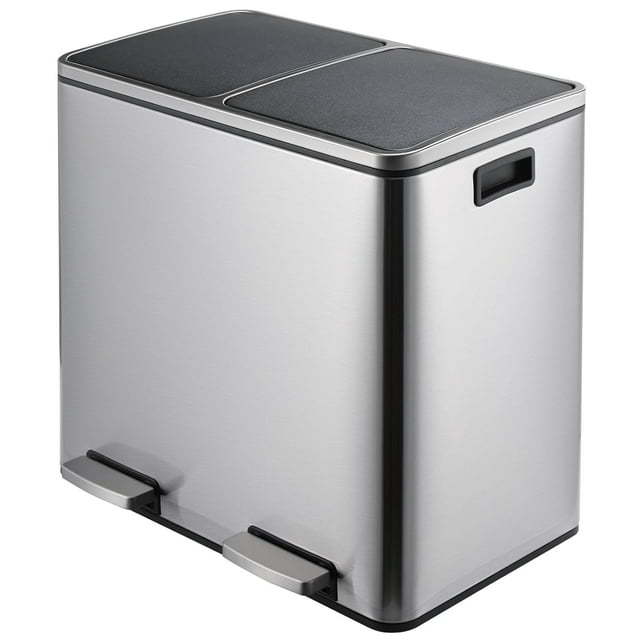 LAZY BUDDY 48L / 30L Dual Trash Can, 12.7 / 8 Gallon Stainless Steel Step Garbage Recycle Bin with Double Compartments