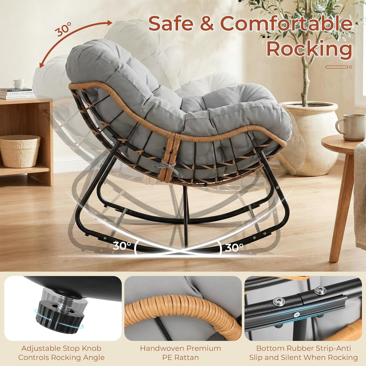 LAZY BUDDY Outdoor Papasan Rocking Chair, Oversized Lounge Chair Rocker with Thick Cushion, for Patio, Balcony, Porch and Indoor