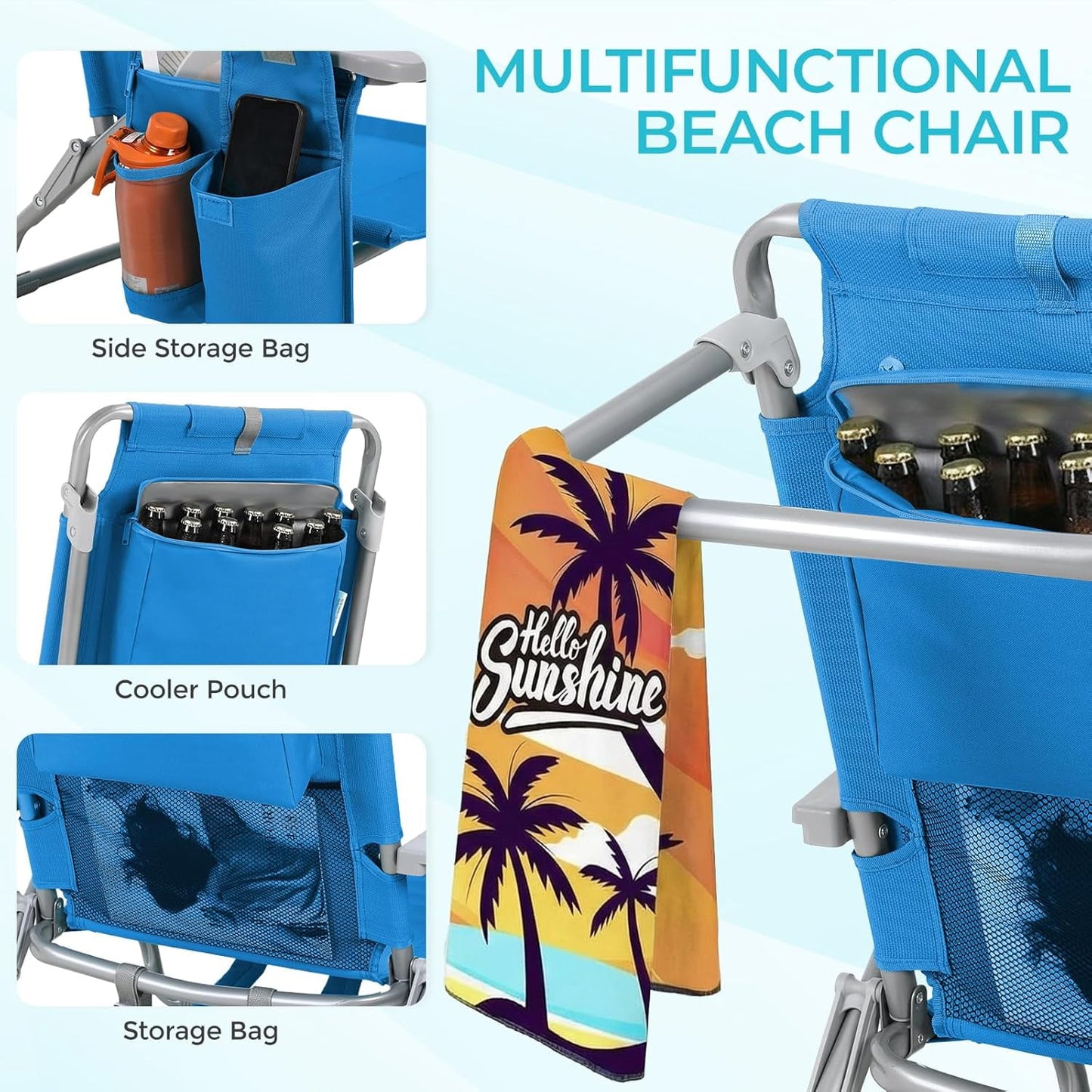 LAZY BUDDY  Low Beach Chair, Backpack Beach Chair for Adults with 5-Position, Lightweight Folding Beach Camping Chairs with Cup Holder, Storage Bag