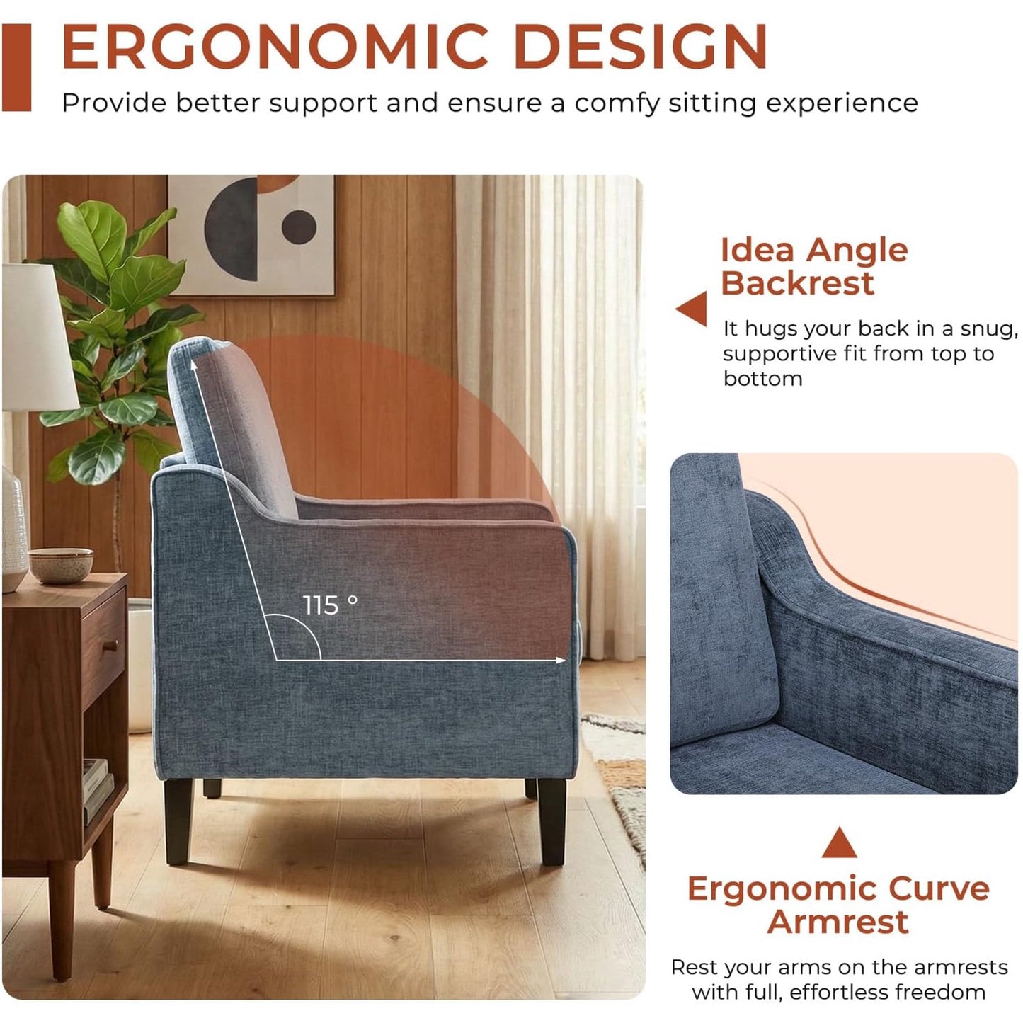 LAZY BUDDY Comfy Accent Chair for Living Room Bedroom and Waiting Room, Upholstered Mid-Century Reading Chair with Removable Cover & Wood Legs, Wide Singe Modern Lounge Sofa