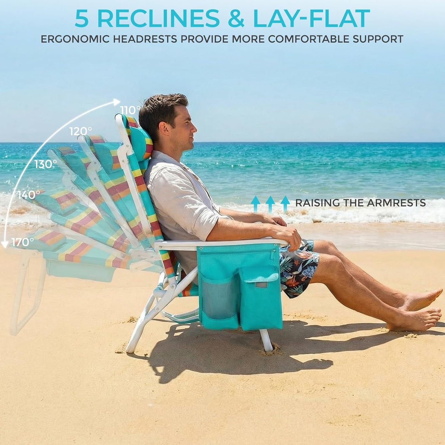 LAZY BUDDY  Low Beach Chair, Backpack Beach Chair for Adults with 5-Position, Lightweight Folding Beach Camping Chairs with Cup Holder, Storage Bag
