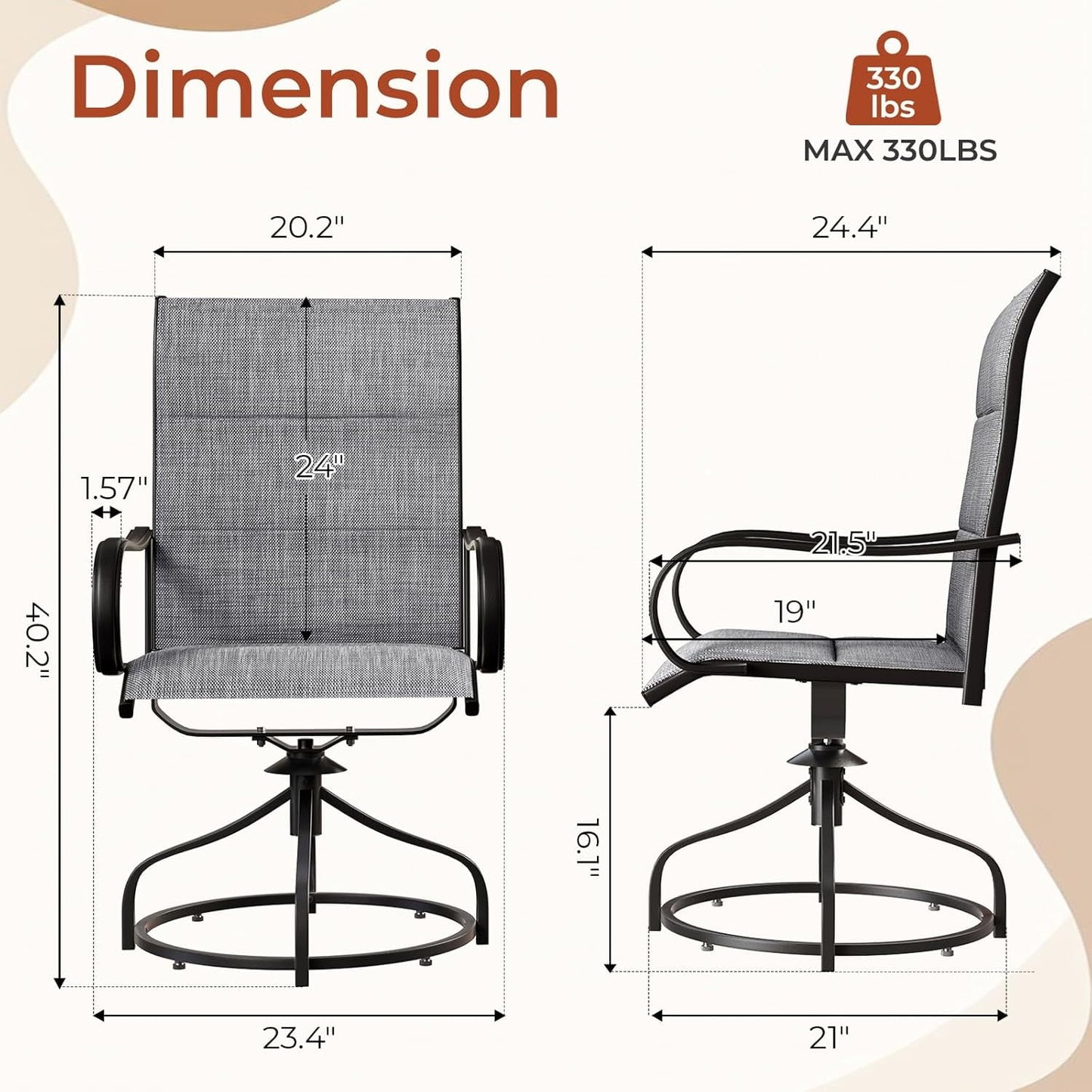 LAZY BUDDY Padded Patio Swivel Chairs Set of 2/4, Heavy Duty Outdoor Dining Chairs with Textilene & Metal Frame, High Back, 330lbs