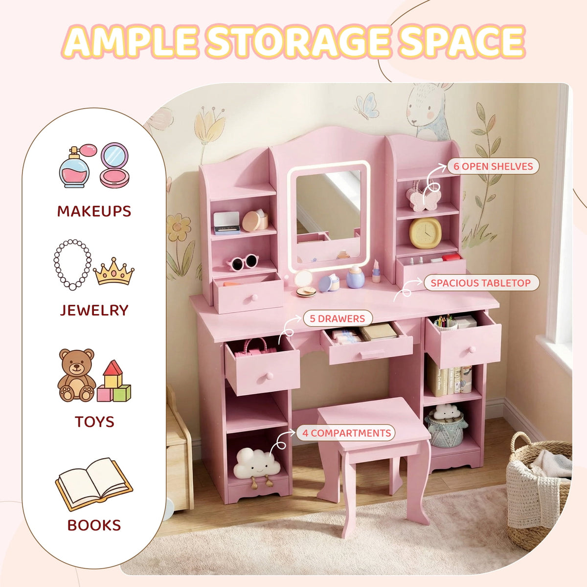 LAZY BUDDY Wooden Kids Vanity Table with Lights, Mirror and Stool, 2 in 1 Toddler Pretend Play Dressing Table with Drawers & Open Shelves for Little Girls