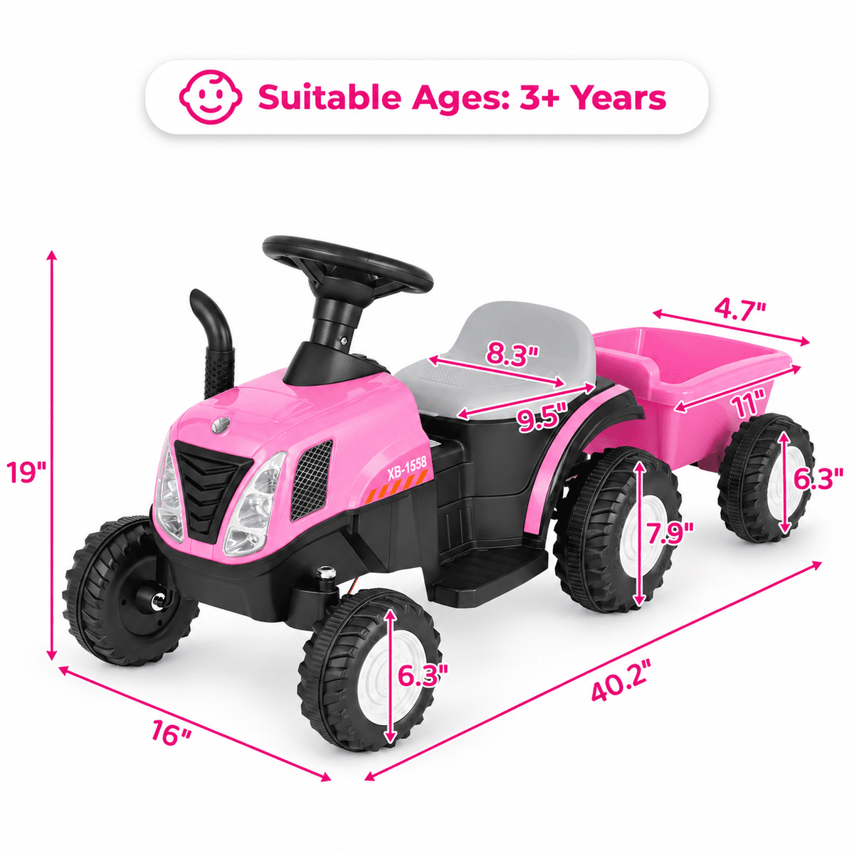 LAZY BUDDY 6V Kids Ride on Tractor with Trailer, Electric Ride on Toy for Children 3+. 55lbs