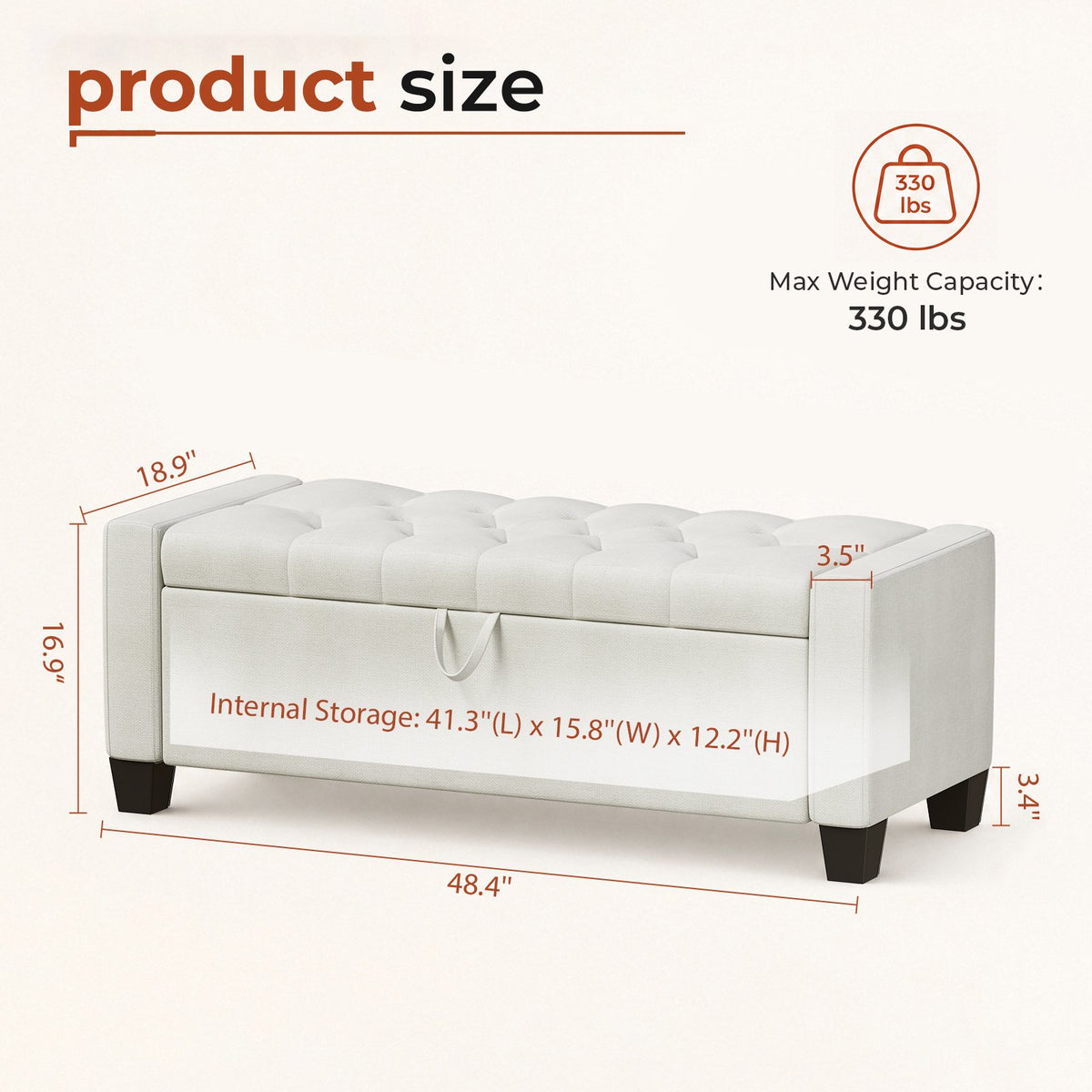 LAZY BUDDY 48'' Ottoman with Storage, Upholstered Storage Ottoman Bench with Safety Hinge, for Bedroom, Living Room, Entryway