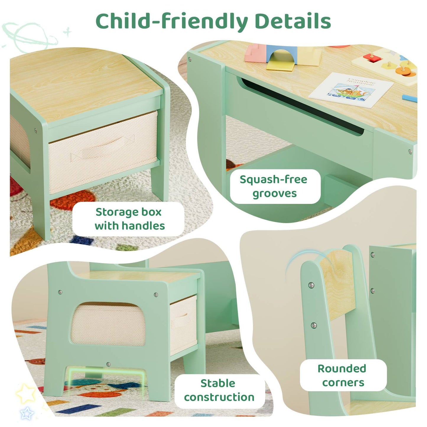 LAZY BUDDY Kids Table and Chairs Set, Toddler Desk with Storage Drawer, Wooden Activity Table Set with Detachable Tabletop, Bookshelf for Classroom/Home/Nursery