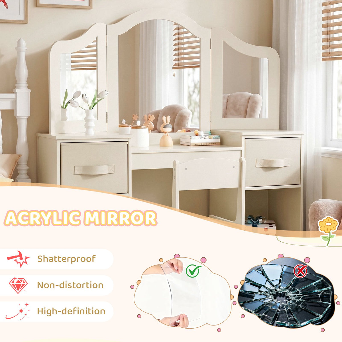 LAZY BUDDY Kids Vanity Set, 2 in 1 Princess Makeup Desk and Chair Set with Canvas Drawers Tri-Folding Detachable Mirror Large Storage Shelves, Wooden Dressing Table, Pretend Play Vanity Set