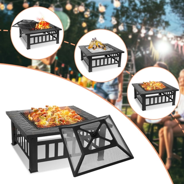 LAZY BUDDY Steel Fire Pits for Outside, 32'' Square Wood Burning Fire Pit Table, Outdoor Patio BBQ Firepit Bonfire Party