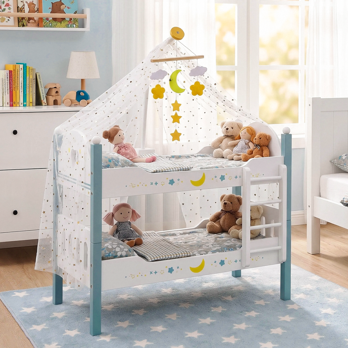 LAZY BUDDY Wooden Bunk Bed for Dolls up to 19in, Baby Dolls Crib with Bedding, Pretend Play Toy for Kids 3+