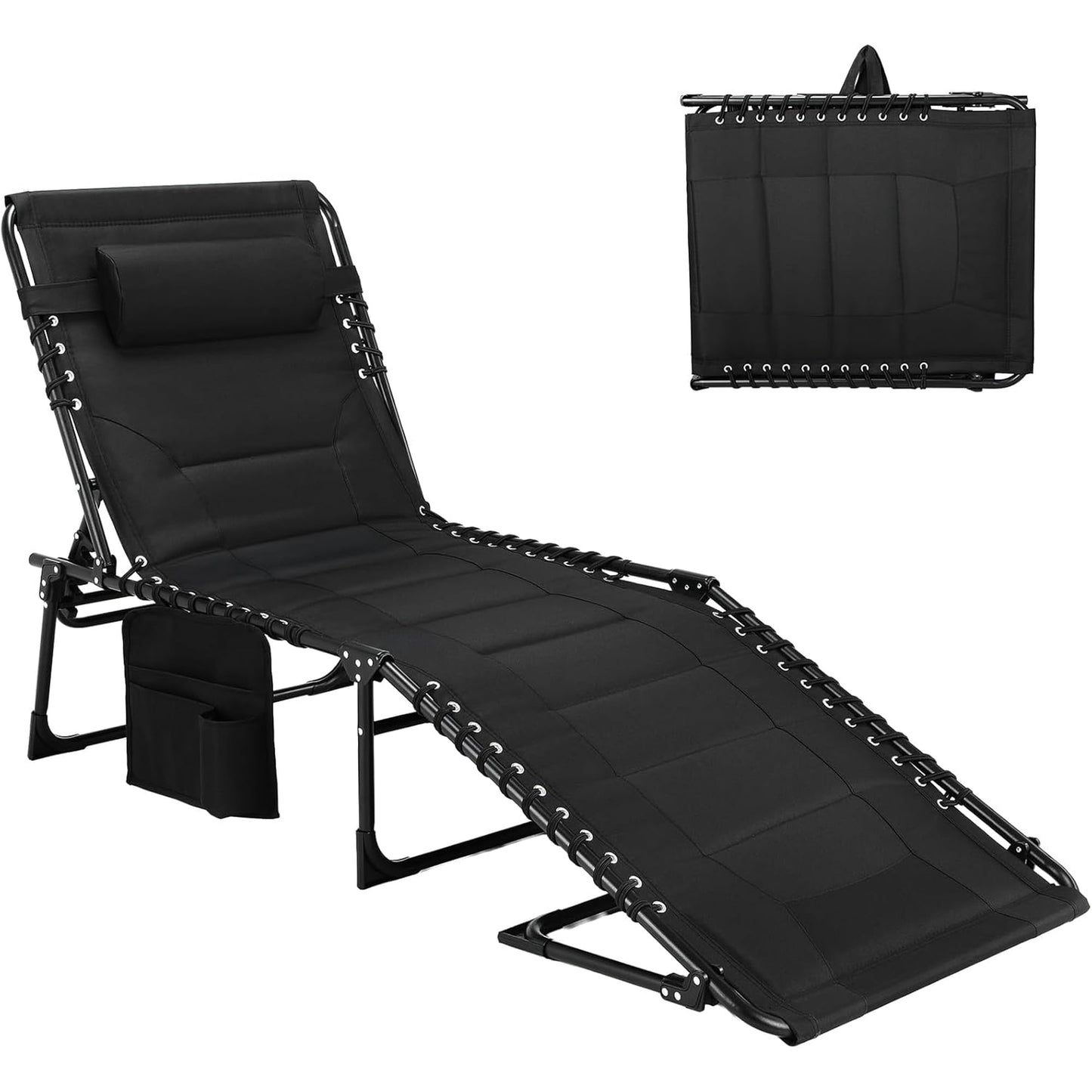 LAZY BUDDY Adjustable Padded Lounge Chair, Folding Chaise Lounger with Pillow & Side Pocket, Portable Reclining Chair with Carrying Handle for Outdoor Sunbathing, Patio, Beach, Poolside