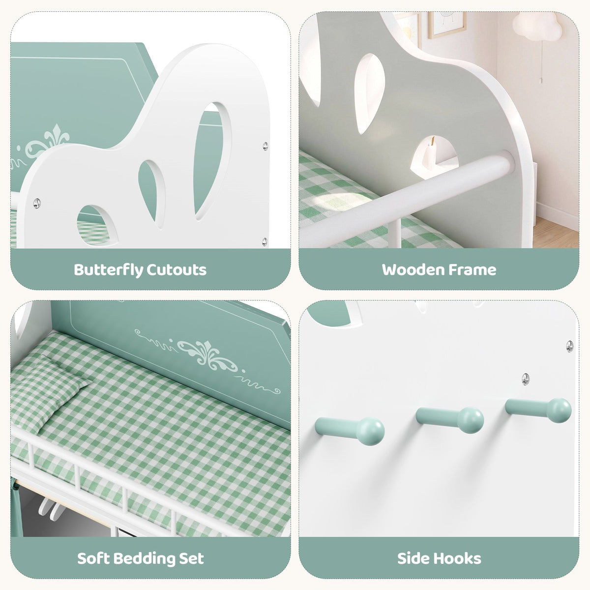LAZY BUDDY Baby Doll Cirb, Wooden Doll Bed with 2 Storage Drawers, 2 Hangers, Pillow & Sheet