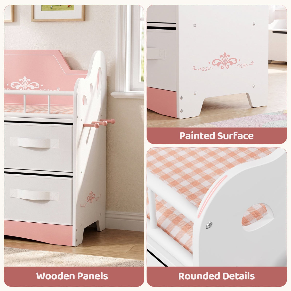LAZY BUDDY Baby Doll Cirb, Wooden Doll Bed with 2 Storage Drawers, 2 Hangers, Pillow & Sheet