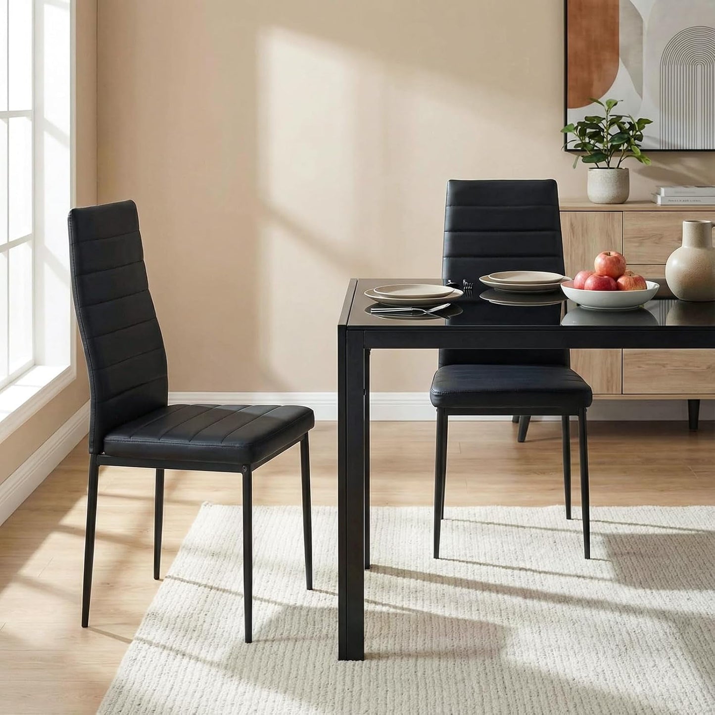 LAZY BUDDY 5-Piece Kitchen Dining Table Set, Modern Table and 4 Faux Leather Chairs with Tempered Glass Tabletop for Dining Room
