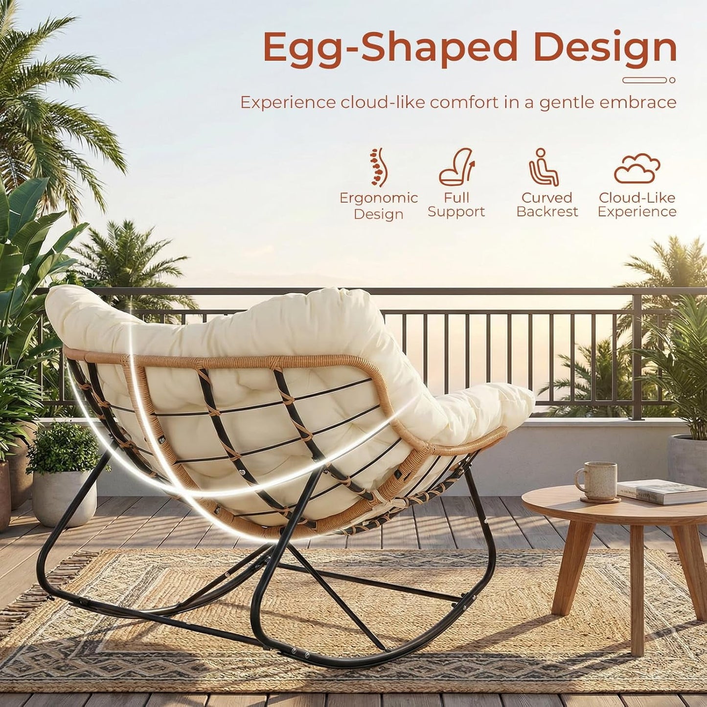 LAZY BUDDY Outdoor Papasan Rocking Chair, Oversized Lounge Chair Rocker with Thick Cushion, for Patio, Balcony, Porch and Indoor
