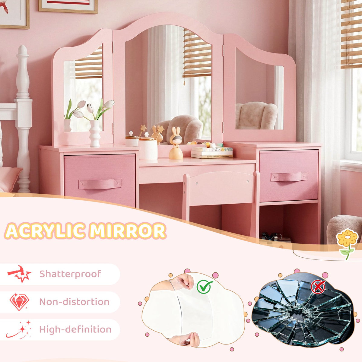 LAZY BUDDY Kids Vanity Set with Mirror and Stool, Toddler Makeup Dressing Table with Chair, Drawers & Storage Shelves, Wooden Princess Pretend Play Vanity for Girls Bedroom