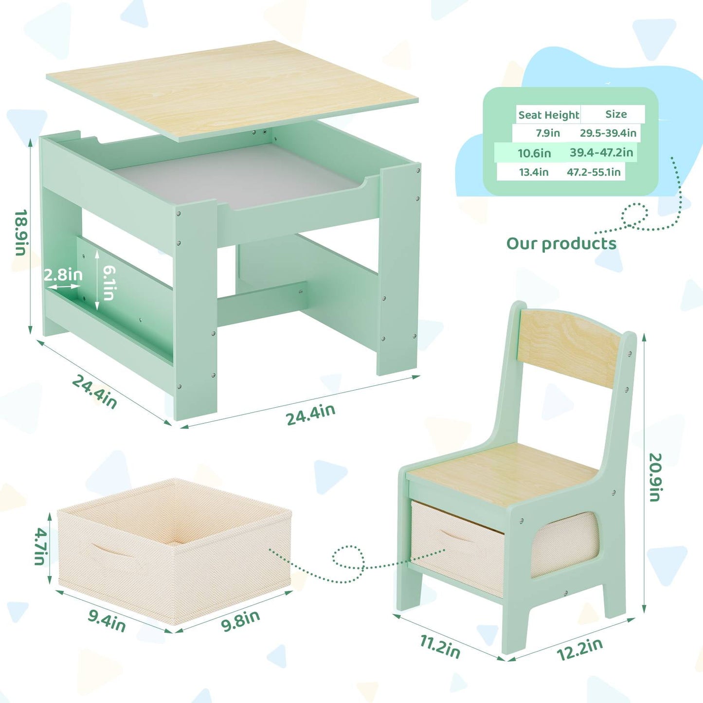LAZY BUDDY Kids Table and Chairs Set, Toddler Desk with Storage Drawer, Wooden Activity Table Set with Detachable Tabletop, Bookshelf for Classroom/Home/Nursery