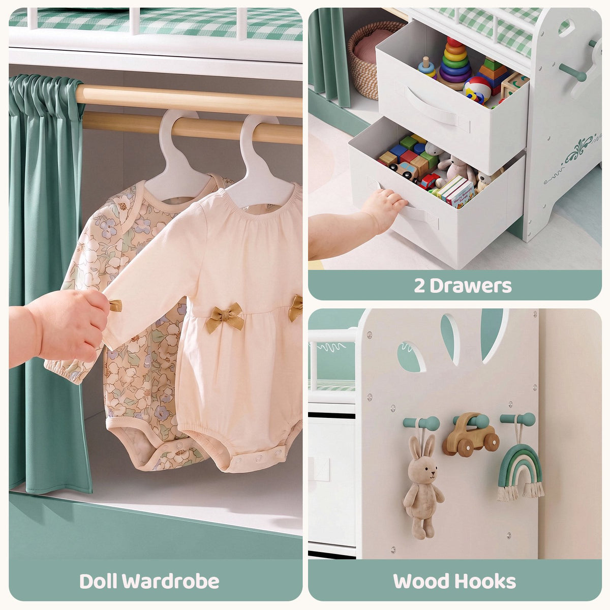 LAZY BUDDY Baby Doll Cirb, Wooden Doll Bed with 2 Storage Drawers, 2 Hangers, Pillow & Sheet