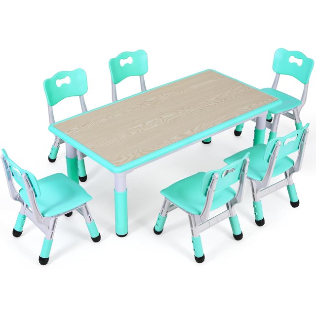 LAZY BUDDY Kids table and 6 chairs Set, Rectangular Plastic Graffiti Desk, 47.20"L x 23.60"W, 4 Colors