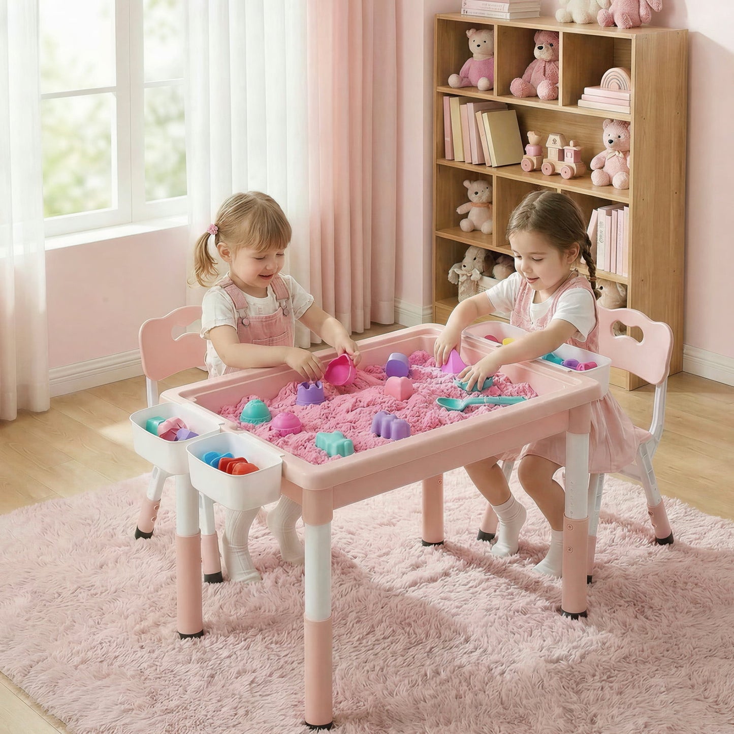 LAZY BUDDY Kids Table and Chairs Set with Storage Boxes, Height Adjustable Toddler Activity Table and 2 Chairs Set with Graffiti & Building Blocks Double-Sided Tabletop