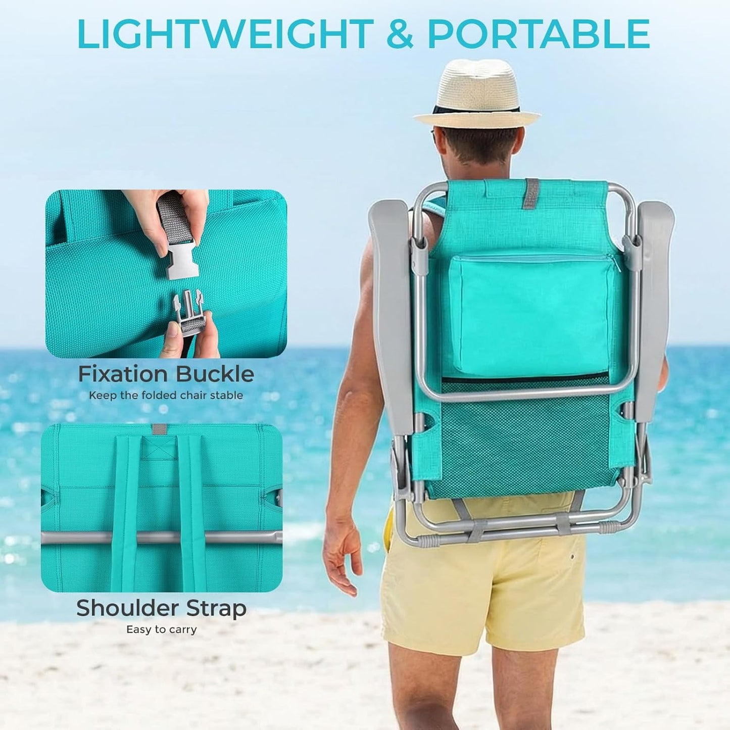 LAZY BUDDY  Low Beach Chair, Backpack Beach Chair for Adults with 5-Position, Lightweight Folding Beach Camping Chairs with Cup Holder, Storage Bag