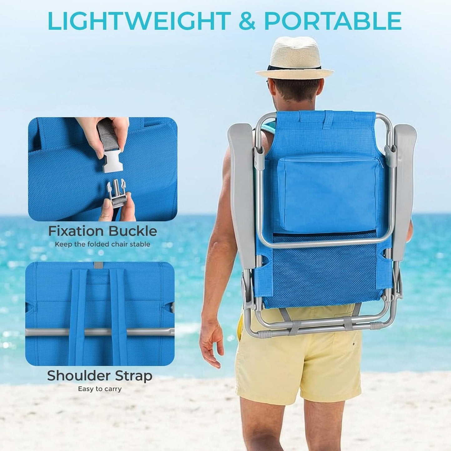LAZY BUDDY  Low Beach Chair, Backpack Beach Chair for Adults with 5-Position, Lightweight Folding Beach Camping Chairs with Cup Holder, Storage Bag