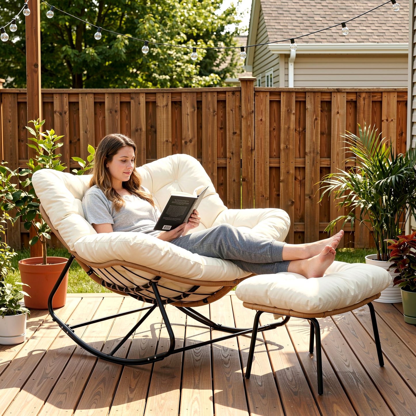 LAZY BUDDY Outdoor Rocking Chair with Ottoman, Oversized Papasan Rocking Chair with Thick Cushion, Indoor Outdoor Cozy Rocker for Balcony, Living Room, Patio
