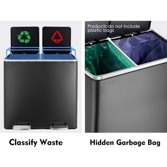 LAZY BUDDY Dual Garbage Can, Stainless Steel 16 Gallon Step Can W/ Foot Pedal, Double Compartment Garbage Recycling Bin