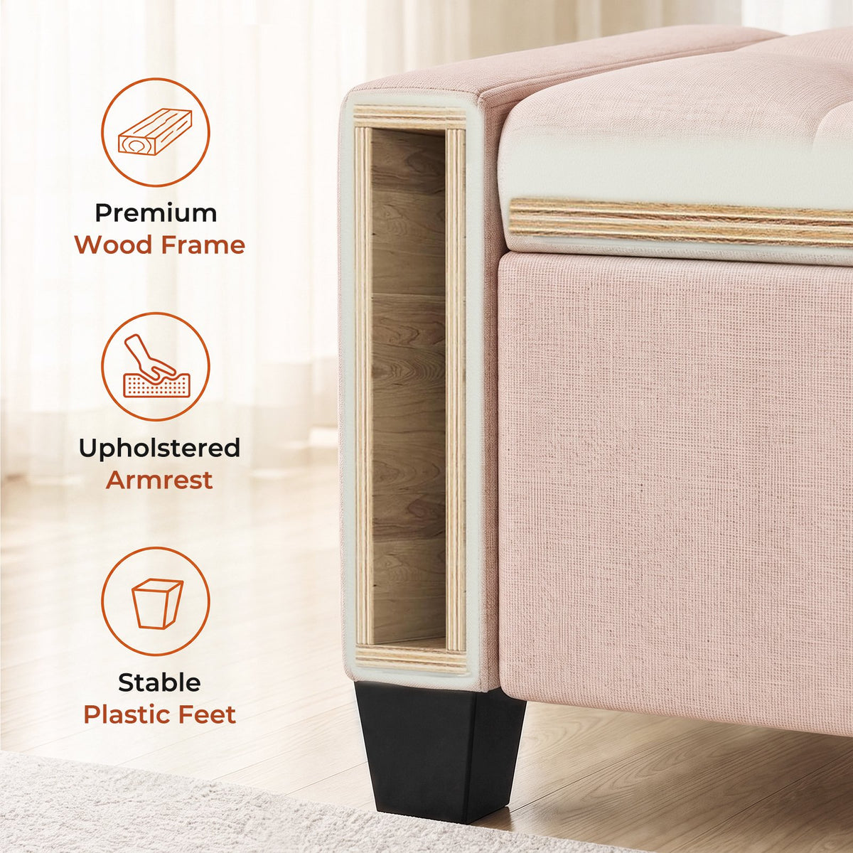 LAZY BUDDY 48'' Ottoman with Storage, Upholstered Storage Ottoman Bench with Safety Hinge, for Bedroom, Living Room, Entryway
