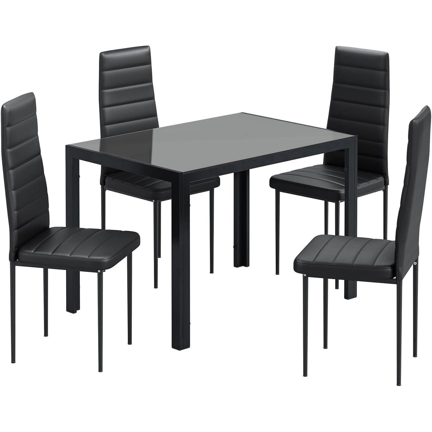 LAZY BUDDY 5-Piece Kitchen Dining Table Set, Modern Table and 4 Faux Leather Chairs with Tempered Glass Tabletop for Dining Room