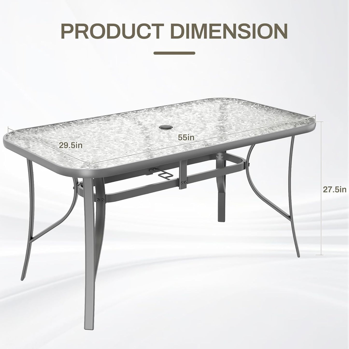 LAZY BUDDY Patio Table with 1.69'' Umbrella Hole, Rectangular Outdoor Dining Table with Tempered Glass Tabletop for 6, for Balcony Garden Deck